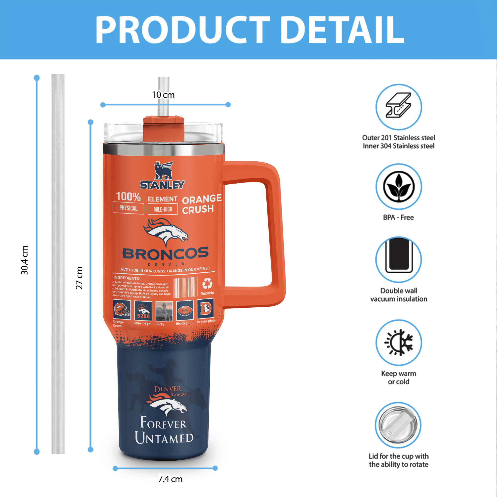 Denver Broncos NFL Custom Stanley Cup 40 oz 30 oz Tumbler With Handle