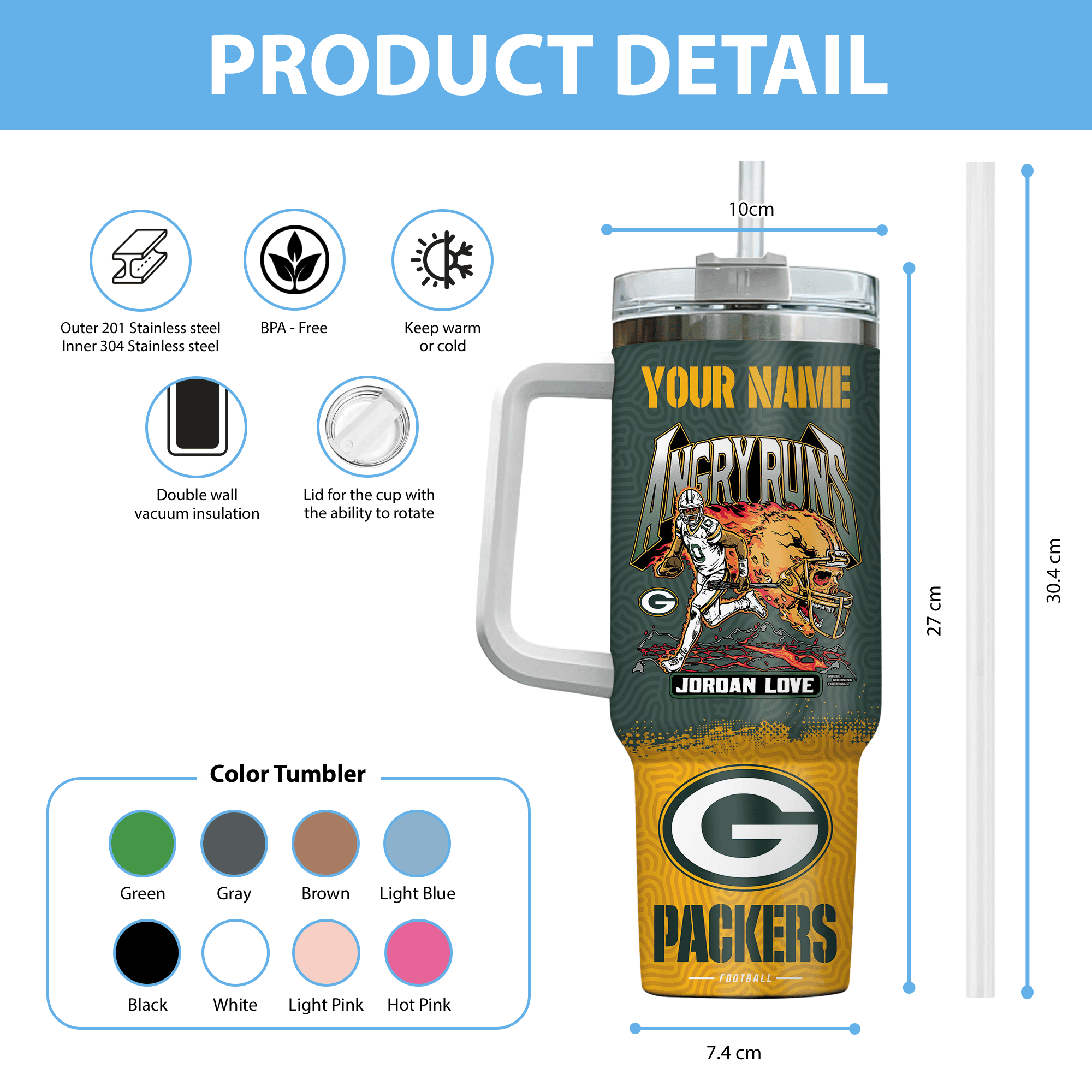 Green Bay Packers NFL Custom Stanley Cup 40 oz 30 oz Tumbler With Handle