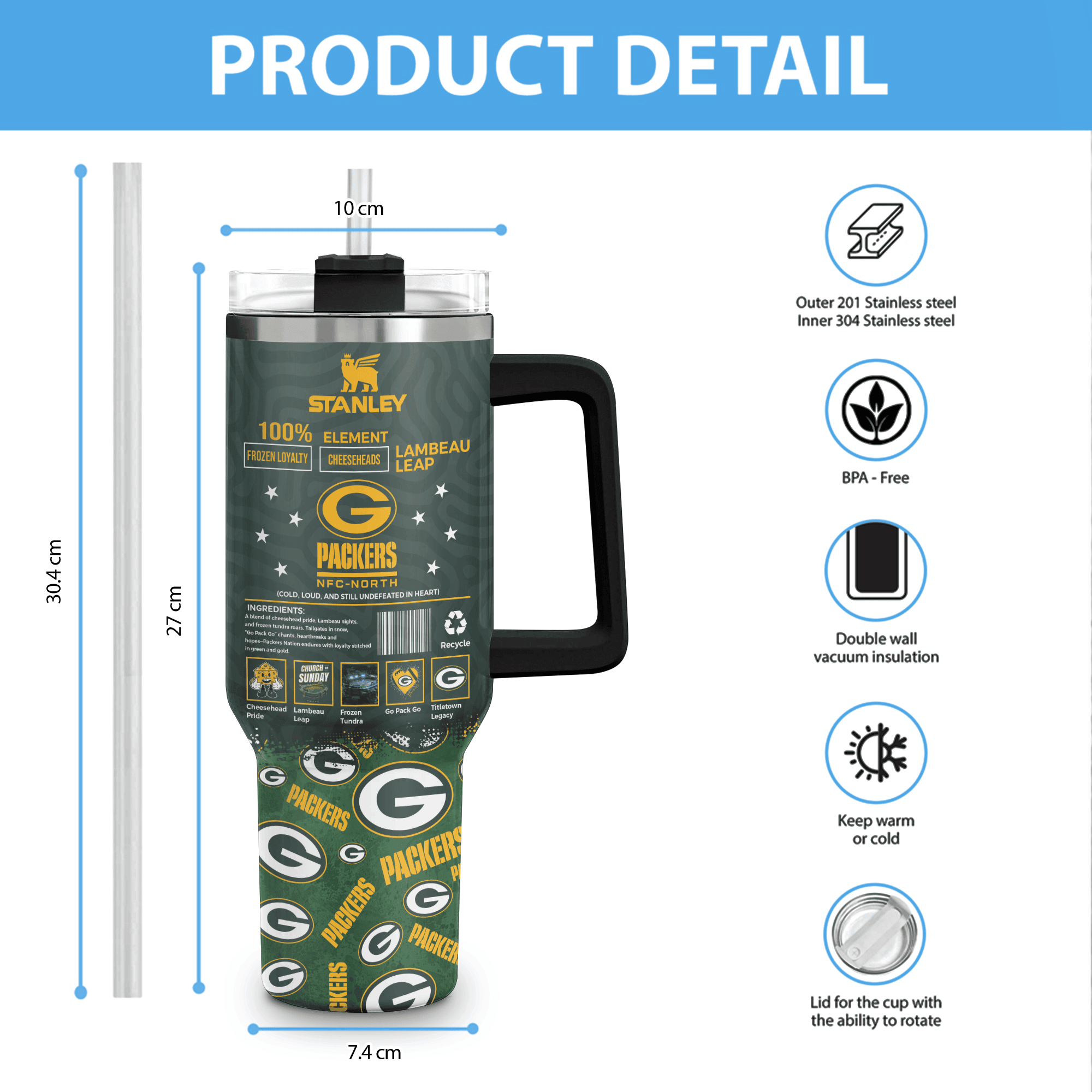 Green Bay Packers NFL Custom Stanley Cup 40 oz 30 oz Tumbler With Handle