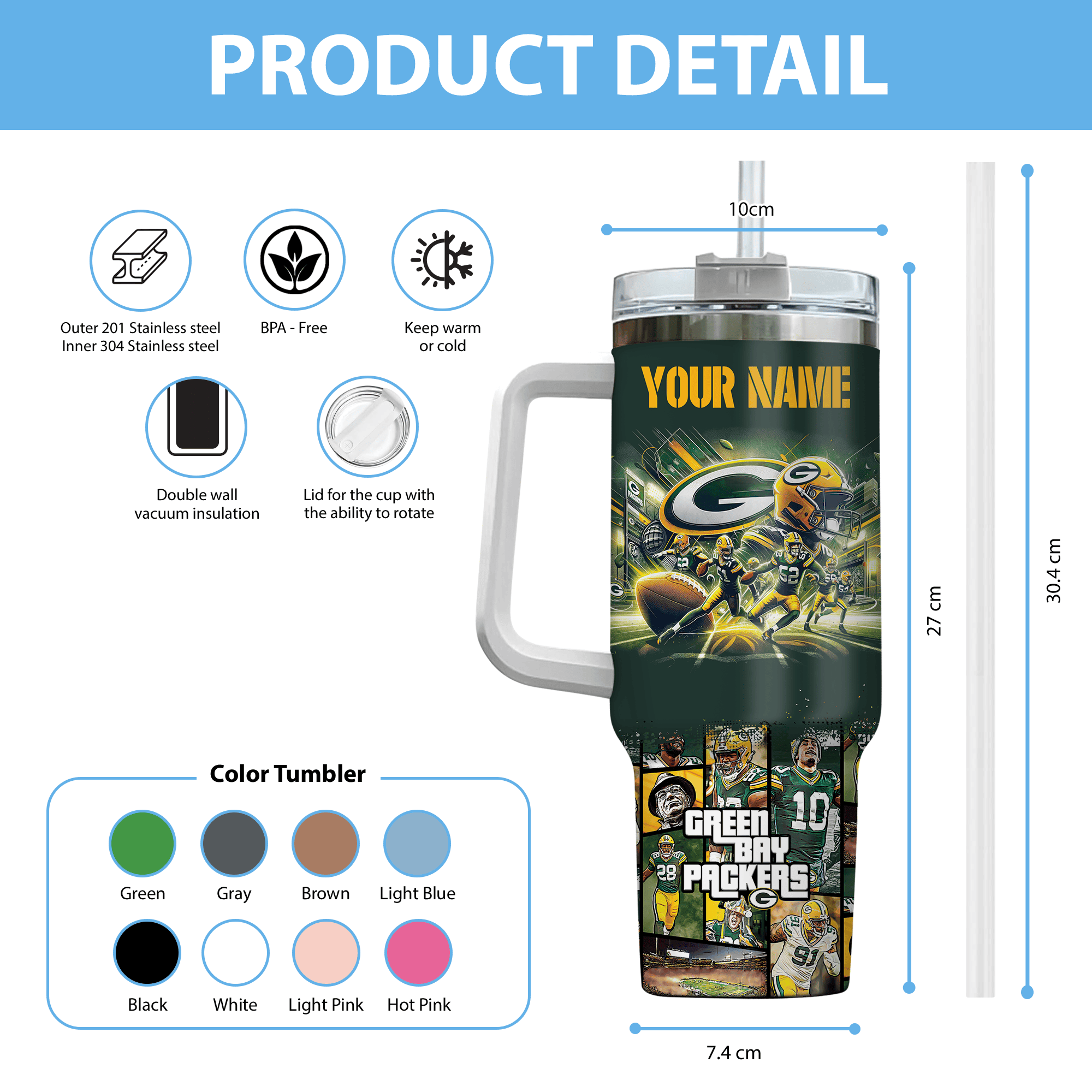 Green Bay Packers NFL Custom Stanley Cup 40 oz 30 oz Tumbler With Handle