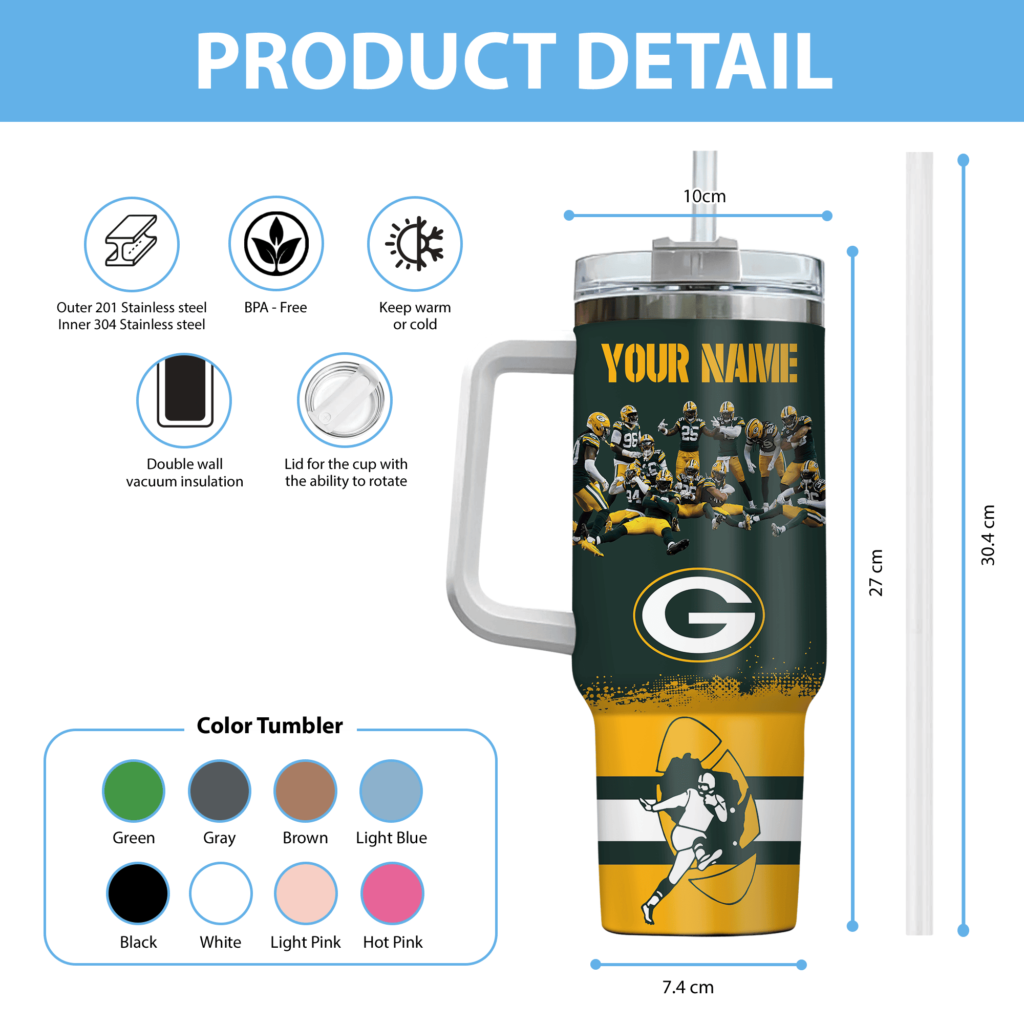 Green Bay Packers NFL Custom Stanley Cup 40 oz 30 oz Tumbler With Handle