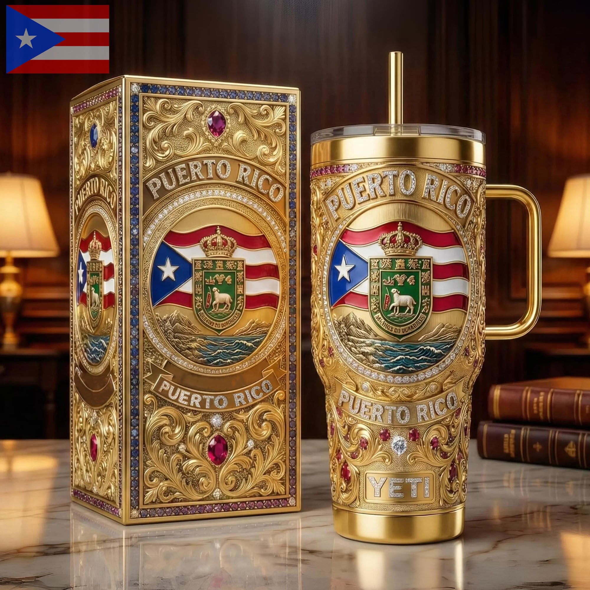 Puerto Rico Heritage Gold Embossed Coat of Arms Sports Custom Stanley Cup 40 oz 30 oz Tumbler With Handle