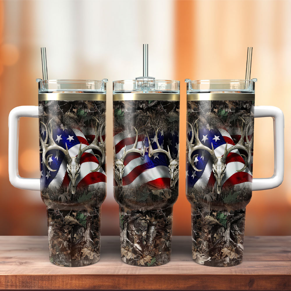 American Flag Deer Horn Artwork Custom Stanley Cup 40 oz 30 oz Tumbler With Handle