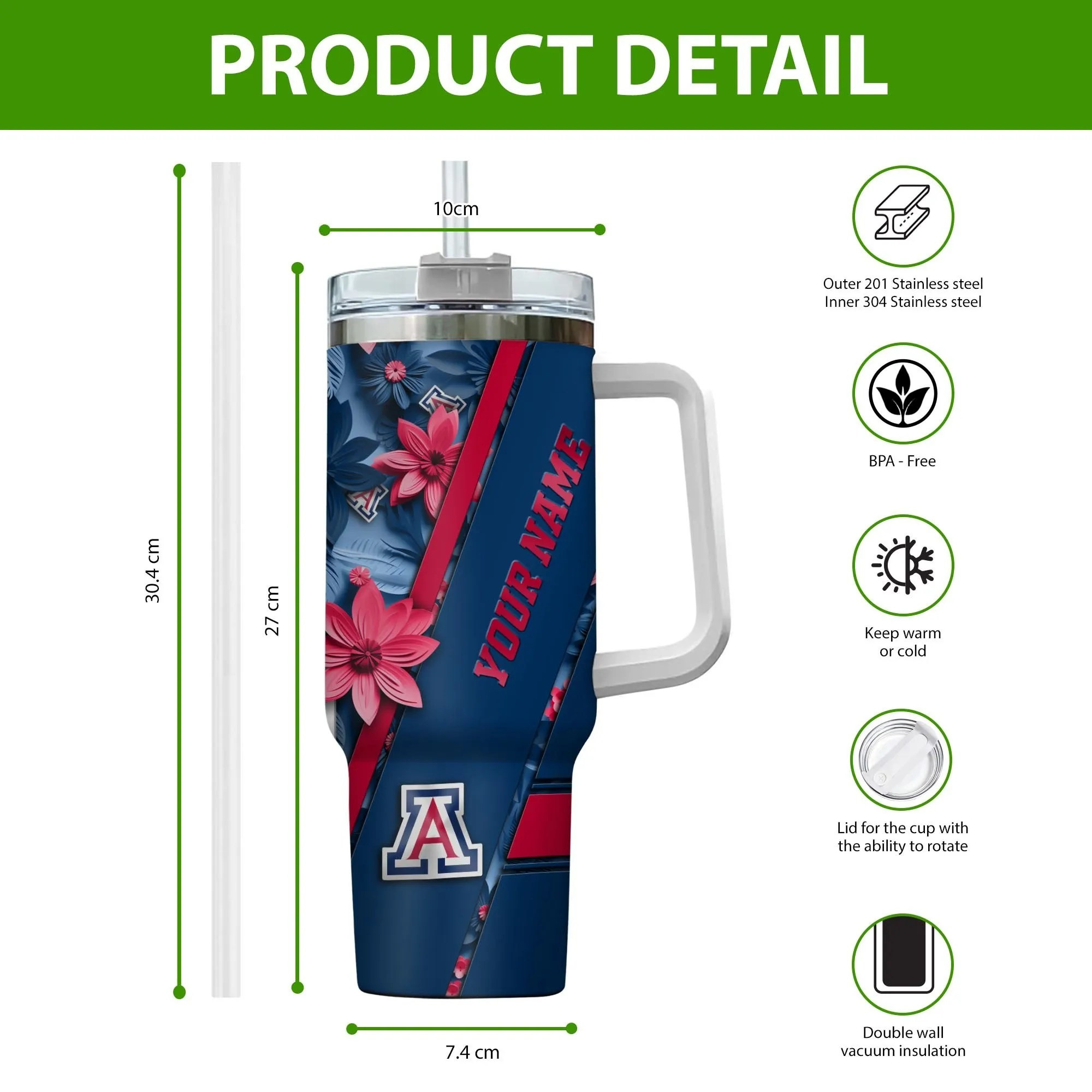 Arizona Wildcats NCAA Custom Stanley Cup 40 oz 30 oz Tumbler With Handle