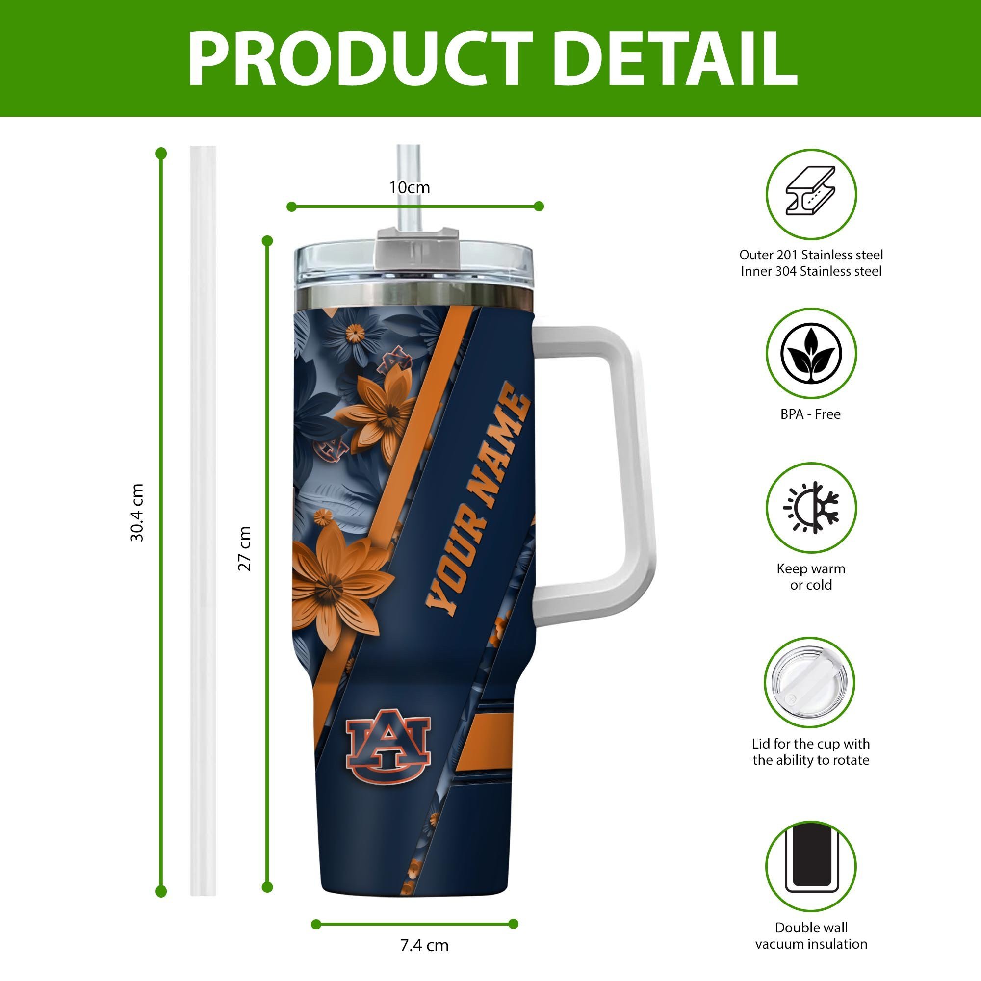 Auburn Tigers NCAA Custom Stanley Cup 40 oz 30 oz Tumbler With Handle