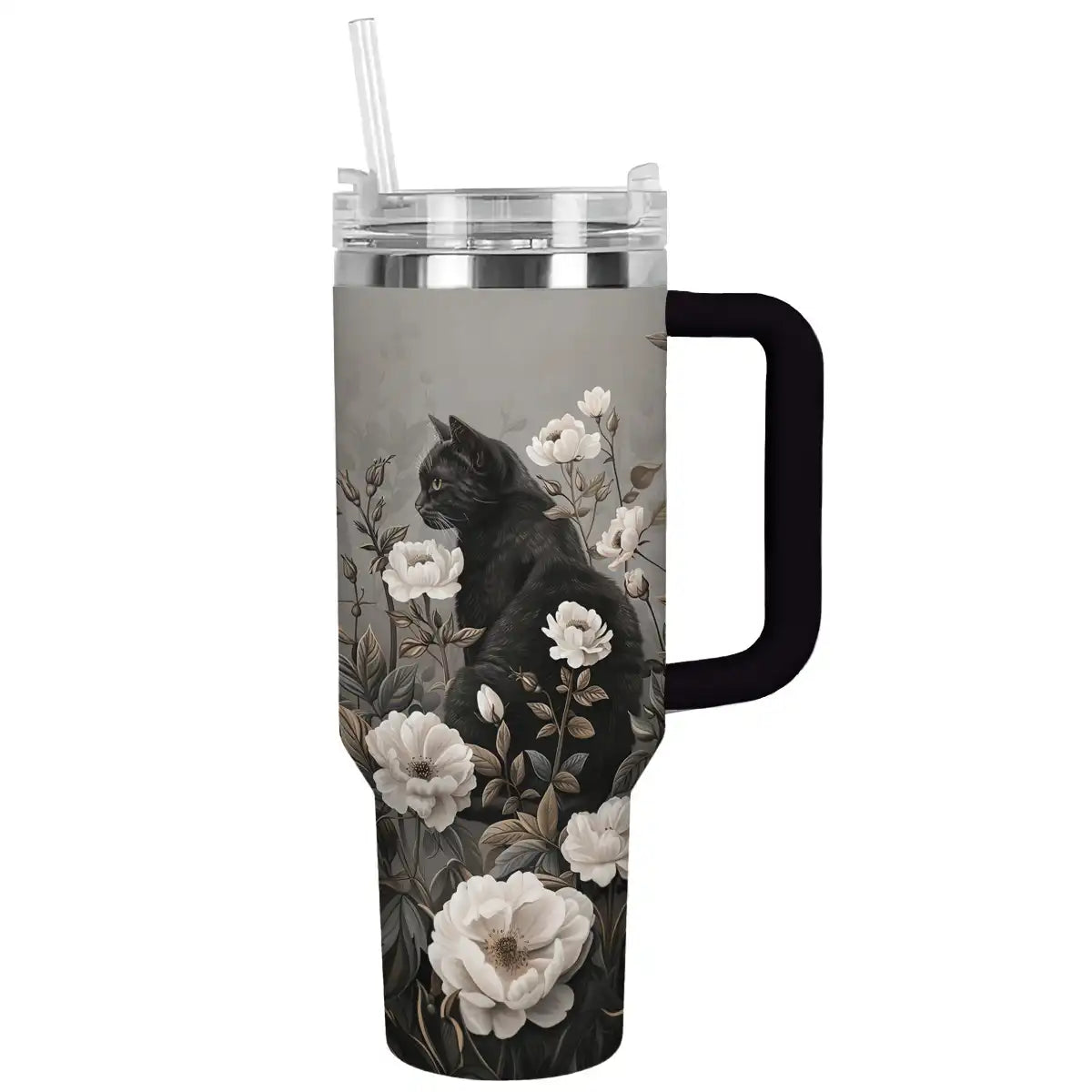 Black Cat Floral Custom Stanley Cup 40 oz 30 oz Tumbler With Handle