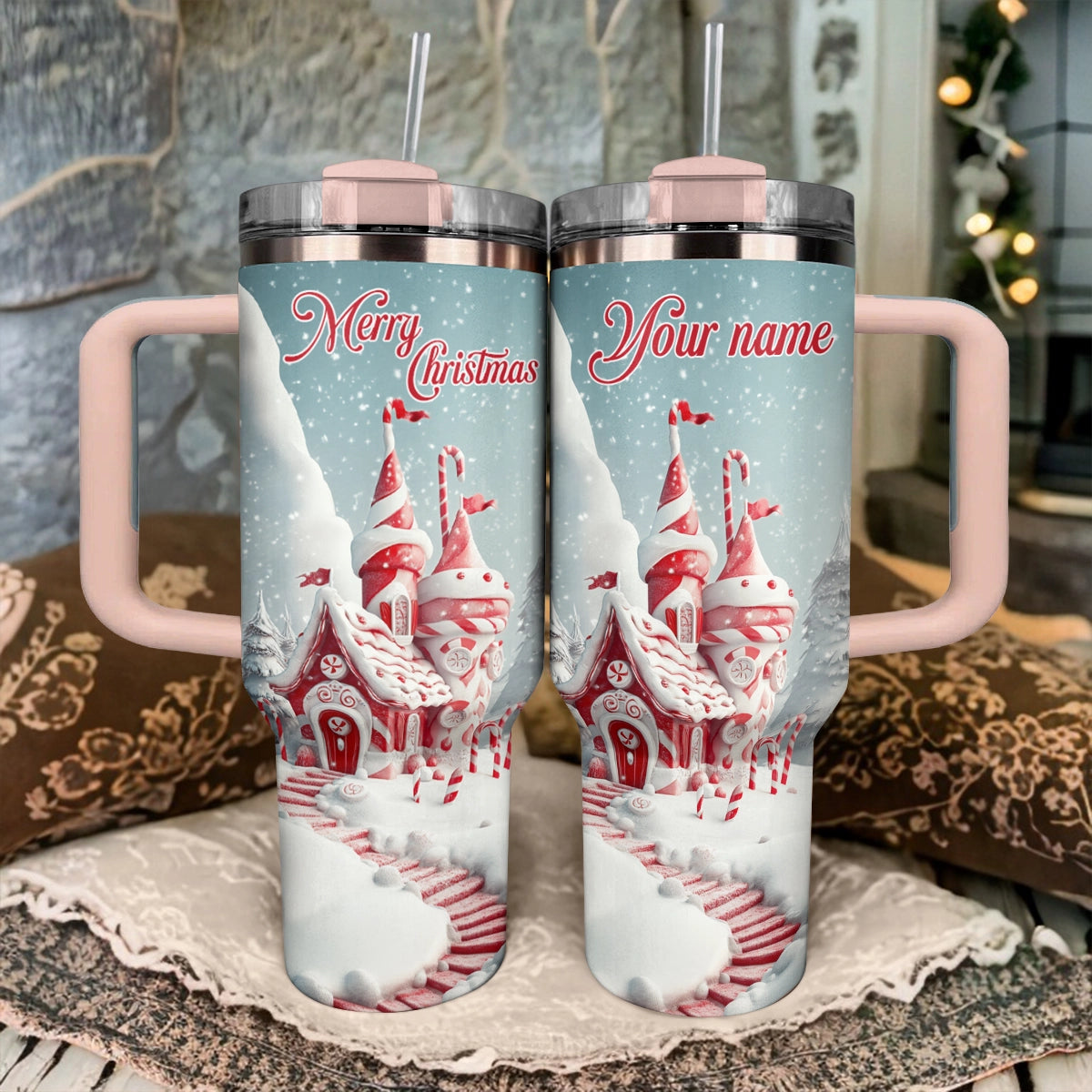 Christmas Candy Cane Castle Custom Stanley Cup 40 oz 30 oz Tumbler With Handle