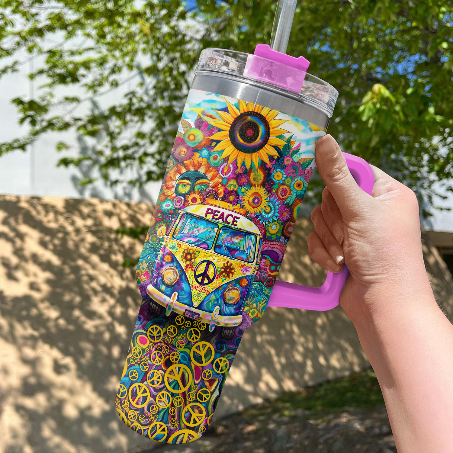 Colorful Van Sunflower Custom Stanley Cup 40 oz 30 oz Tumbler With Handle
