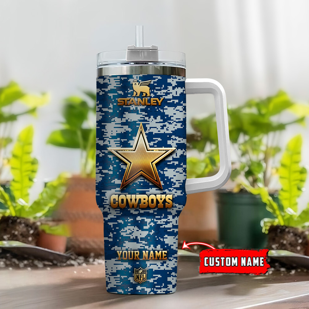 Dallas Cowboys NFL Camouflage Golden Logo Custom Stanley Cup 40 oz 30 oz Tumbler With Handle