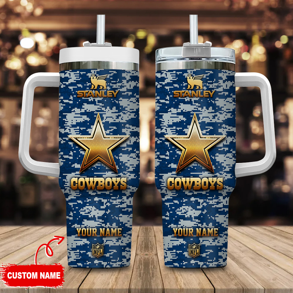 Dallas Cowboys NFL Camouflage Golden Logo Custom Stanley Cup 40 oz 30 oz Tumbler With Handle
