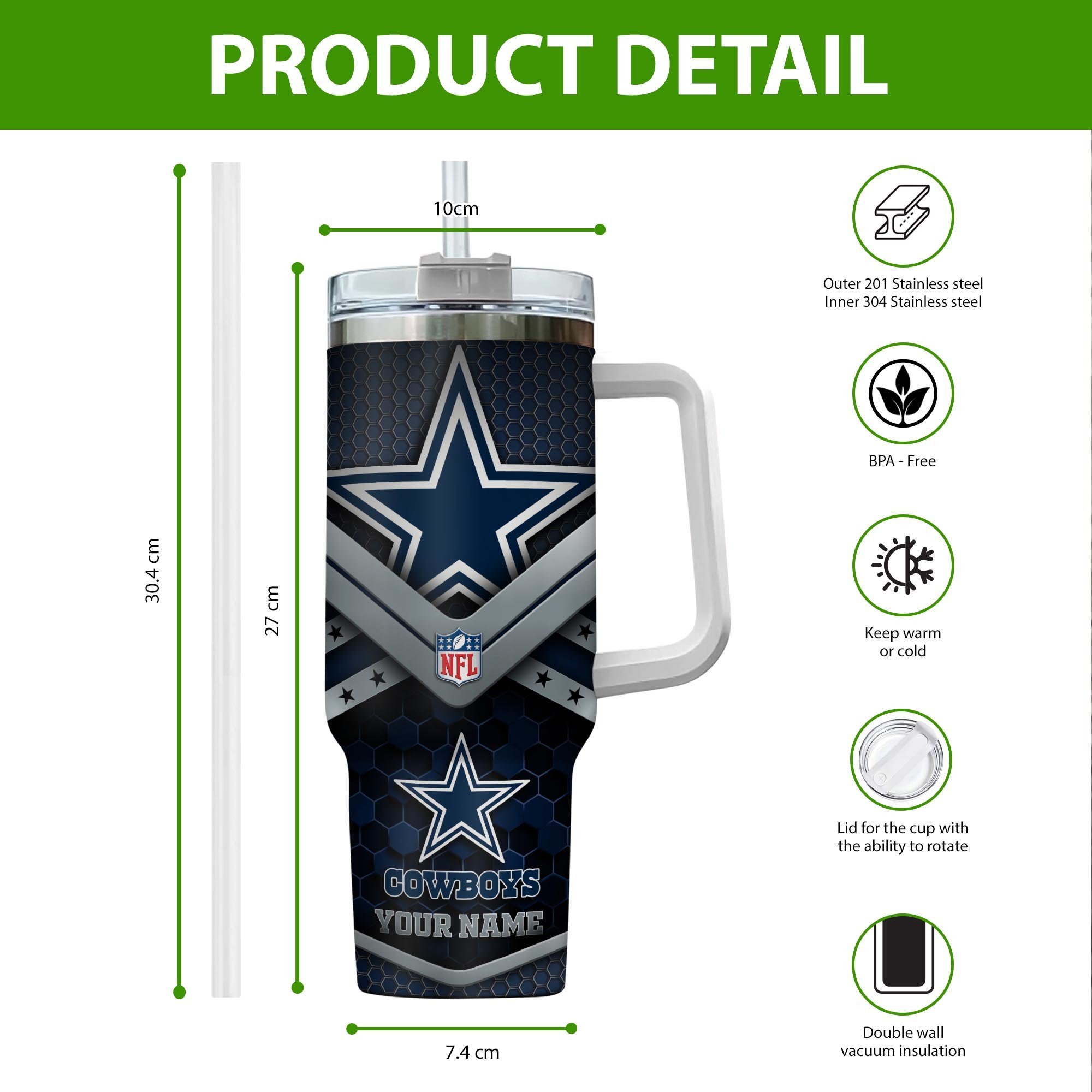 Dallas Cowboys NFL Custom Stanley Cup 40 oz 30 oz Tumbler With Handle