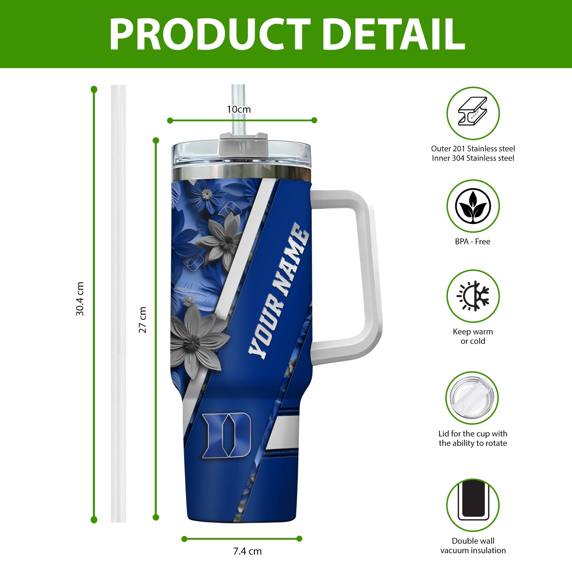 Duke Blue Devils NCAA Custom Stanley Cup 40 oz 30 oz Tumbler With Handle