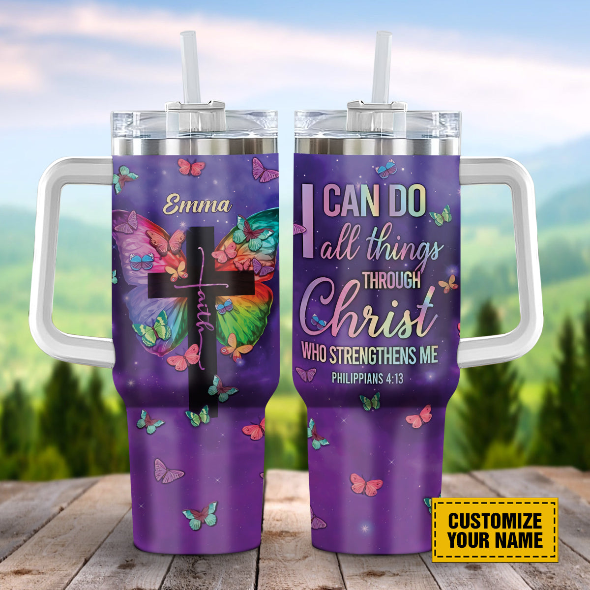 Faith Cross Butterfly Custom Stanley Cup 40 oz 30 oz Tumbler With Handle