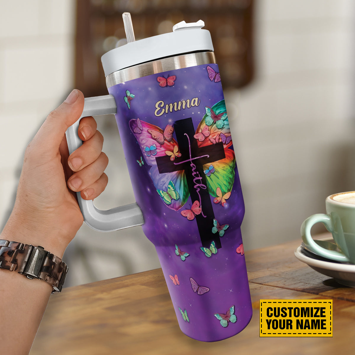 Faith Cross Butterfly Custom Stanley Cup 40 oz 30 oz Tumbler With Handle