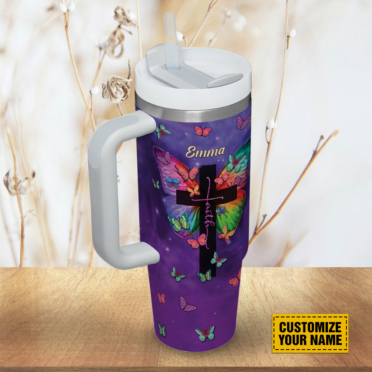 Faith Cross Butterfly Custom Stanley Cup 40 oz 30 oz Tumbler With Handle
