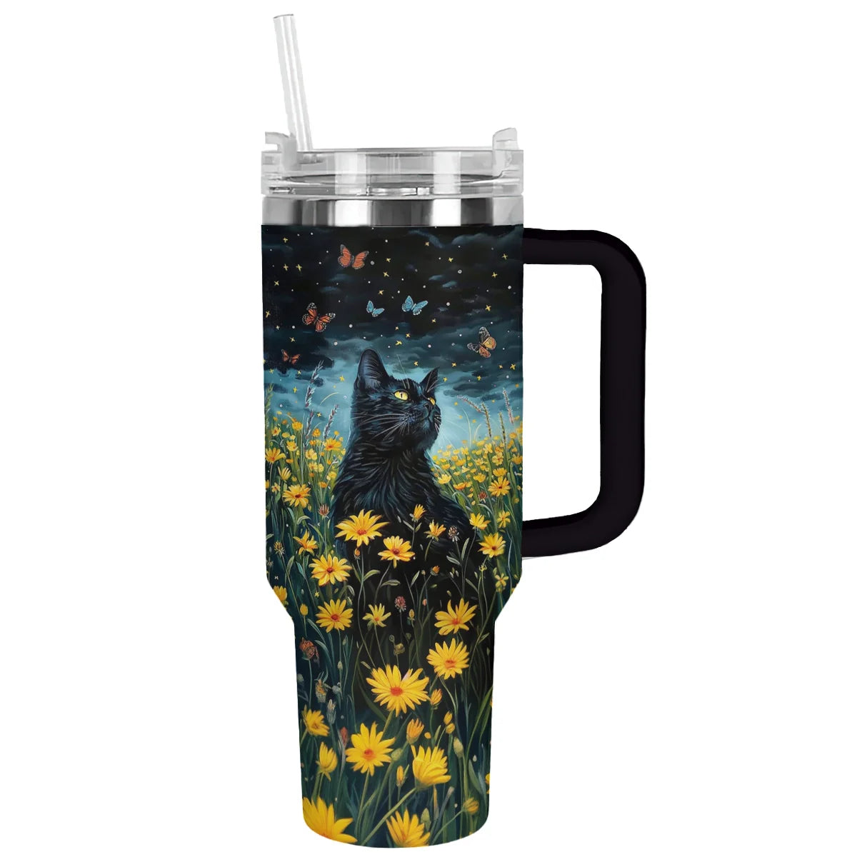 Floral Black Cat Custom Stanley Cup 40 oz 30 oz Tumbler With Handle