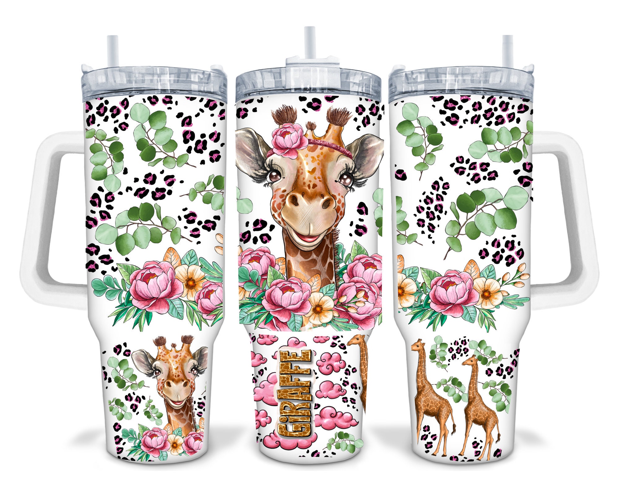 Floral Giraffe Leopard Print Custom Stanley Cup 40 oz 30 oz Tumbler With Handle