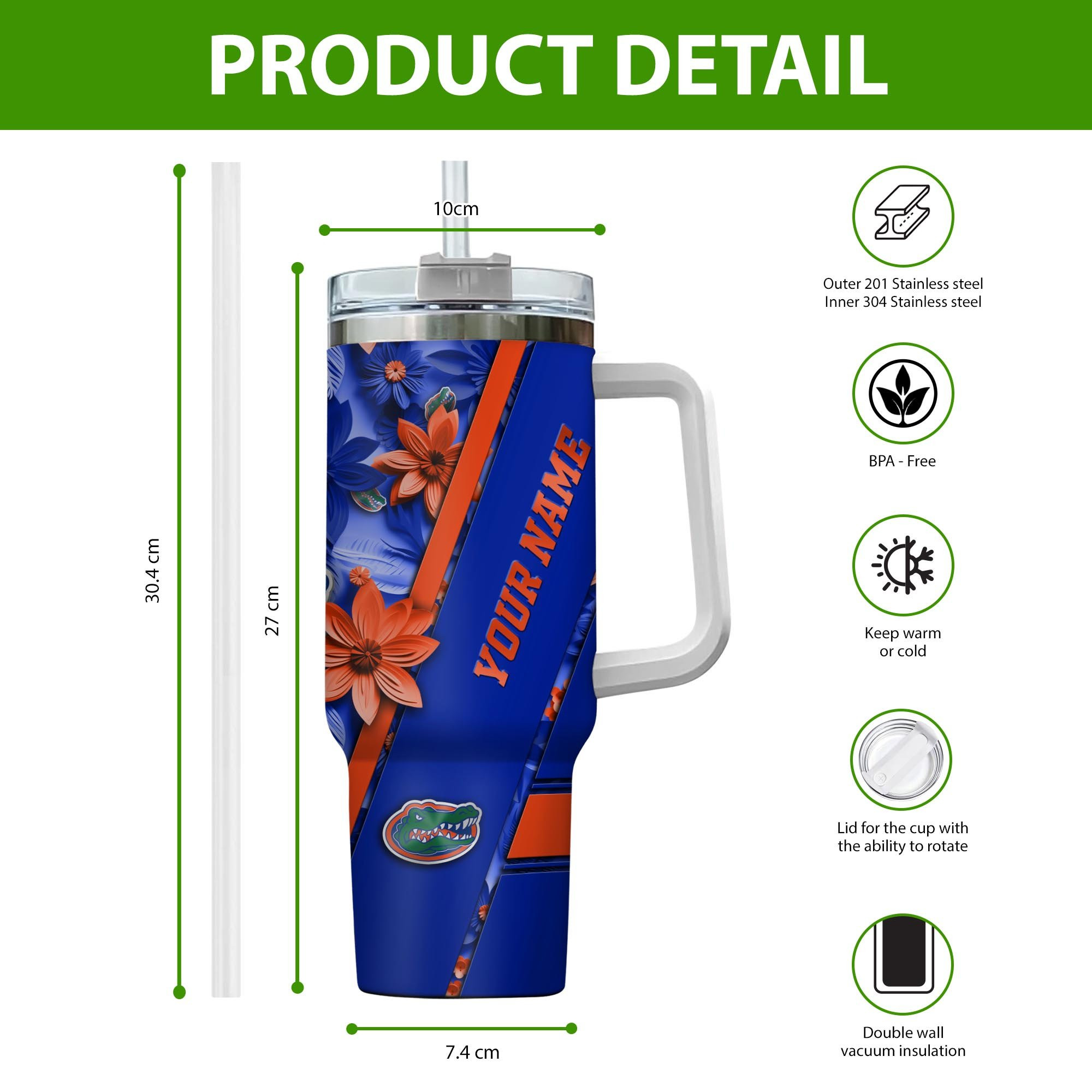 Florida Gators NCAA Custom Stanley Cup 40 oz 30 oz Tumbler With Handle