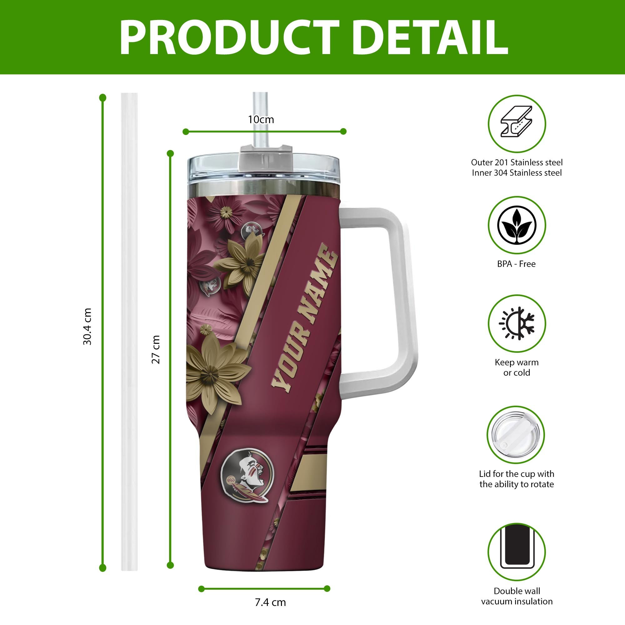 Florida State Seminoles NCAA Custom Stanley Cup 40 oz 30 oz Tumbler With Handle