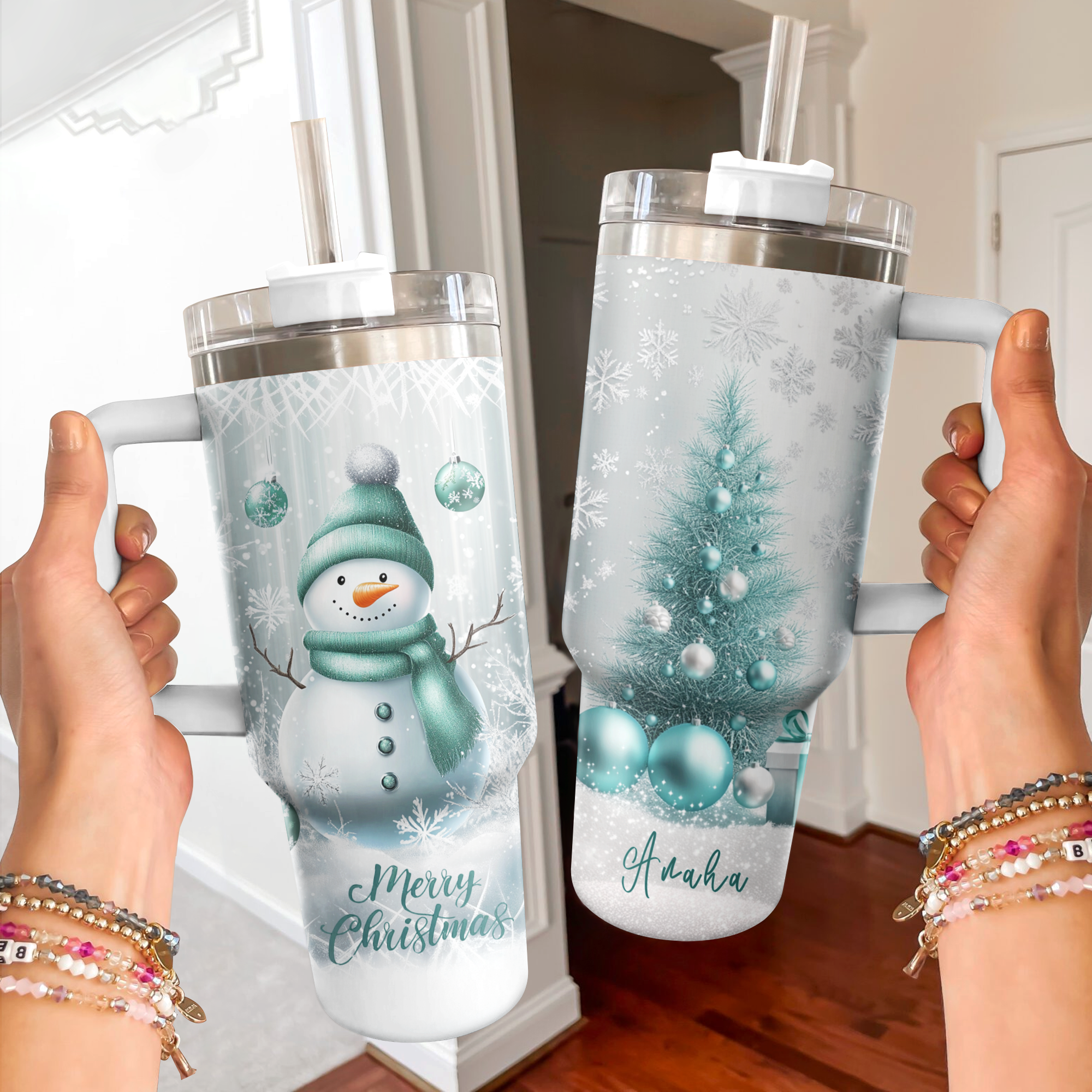 Frosty Mint Snowman Christmas Custom Stanley Cup 40 oz 30 oz Tumbler With Handle