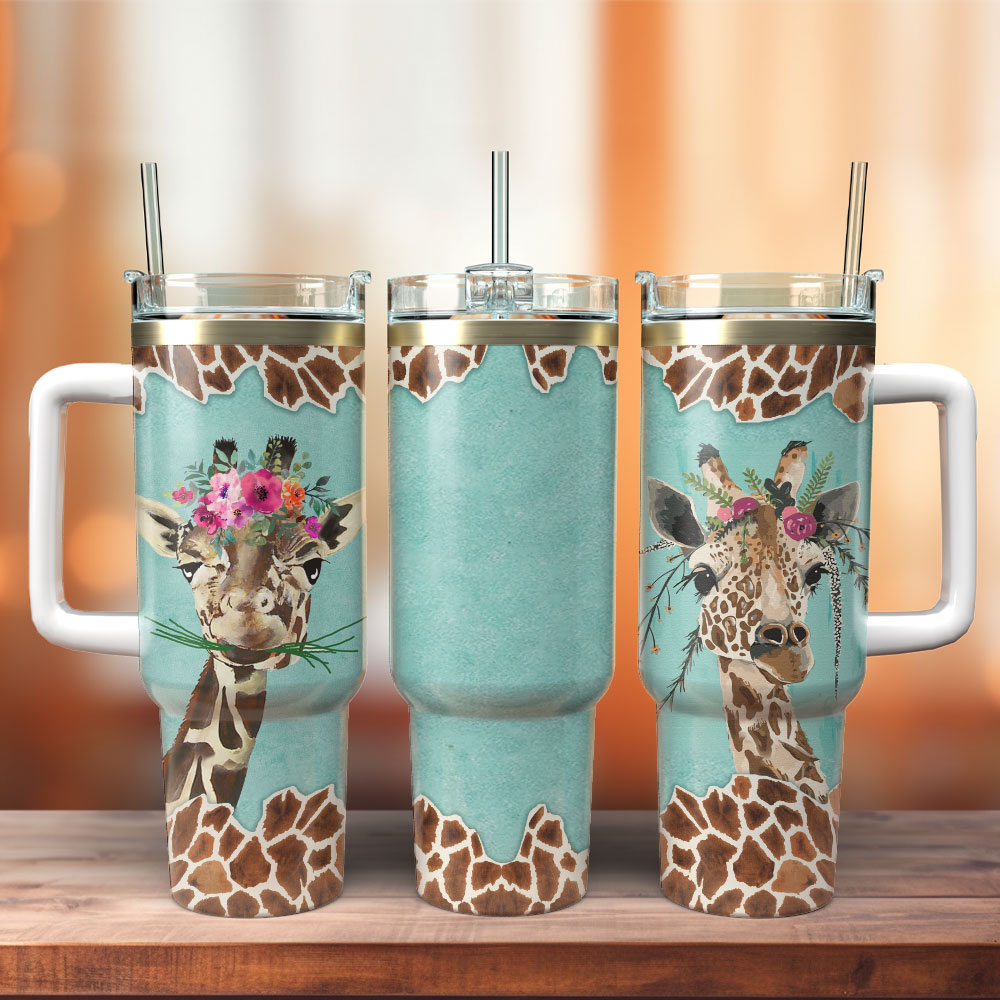 Giraffe And Flowers Custom Stanley Cup 40 oz 30 oz Tumbler With Handle