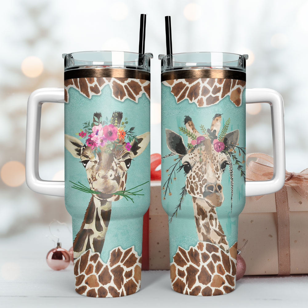 Giraffe And Flowers Custom Stanley Cup 40 oz 30 oz Tumbler With Handle