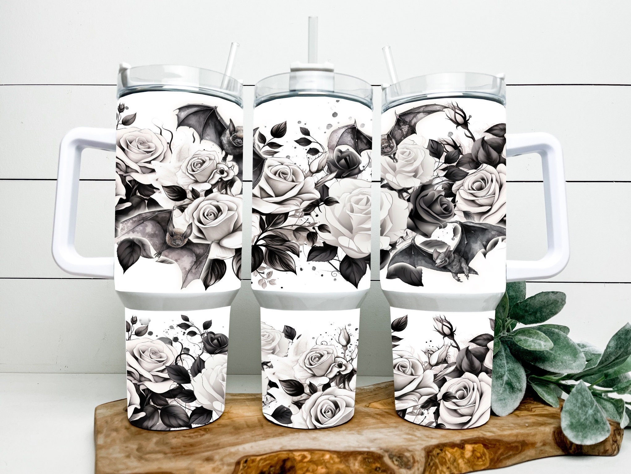 Gothic Black and White Roses Custom Stanley Cup 40 oz 30 oz Tumbler With Handle