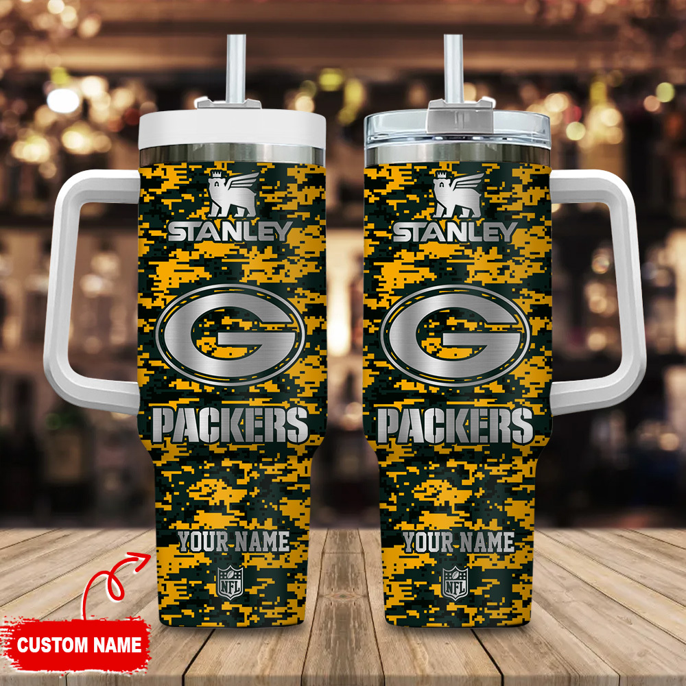 Green Bay Packers NFL Camouflage Silver Logo Custom Stanley Cup 40 oz 30 oz Tumbler With Handle