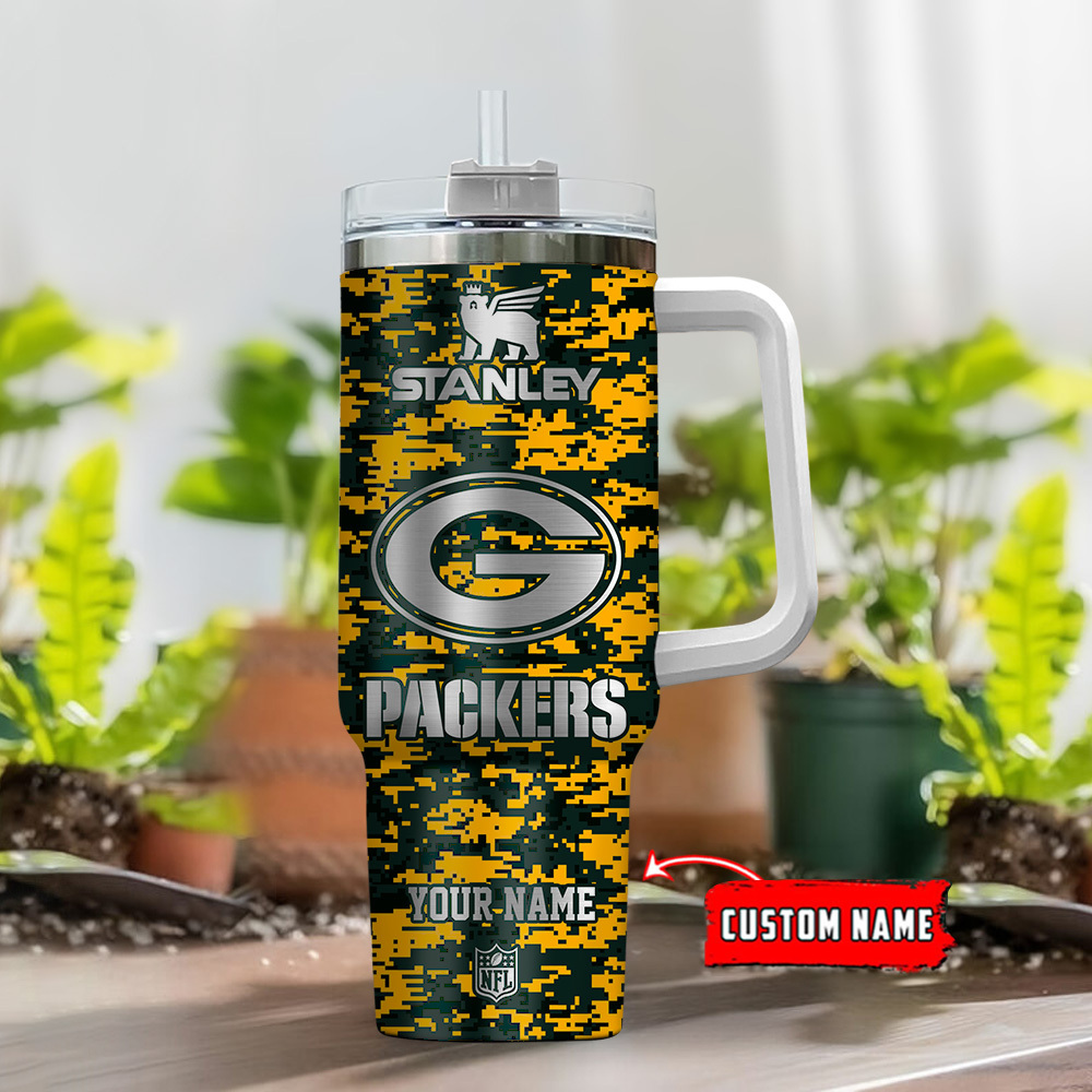 Green Bay Packers NFL Camouflage Silver Logo Custom Stanley Cup 40 oz 30 oz Tumbler With Handle