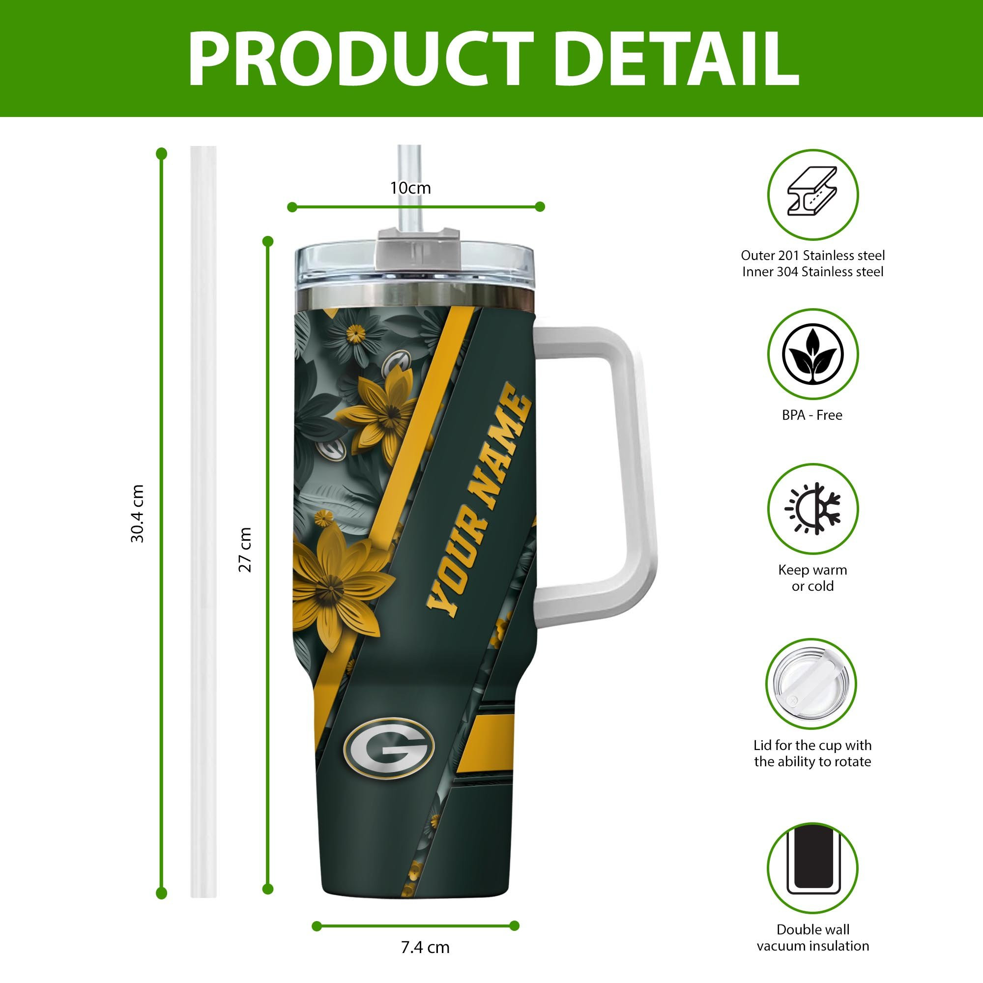 Green Bay Packers NFL Custom Stanley Cup 40 oz 30 oz Tumbler With Handle
