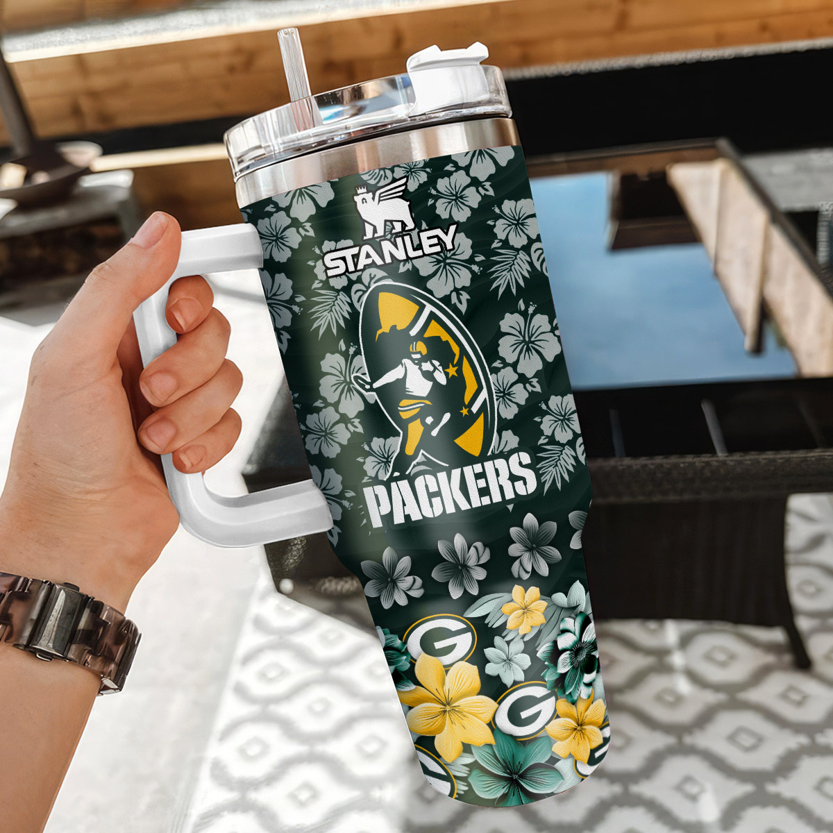 Green Bay Packers NFL Tropical Floral Custom Stanley Cup 40 oz 30 oz Tumbler With Handle