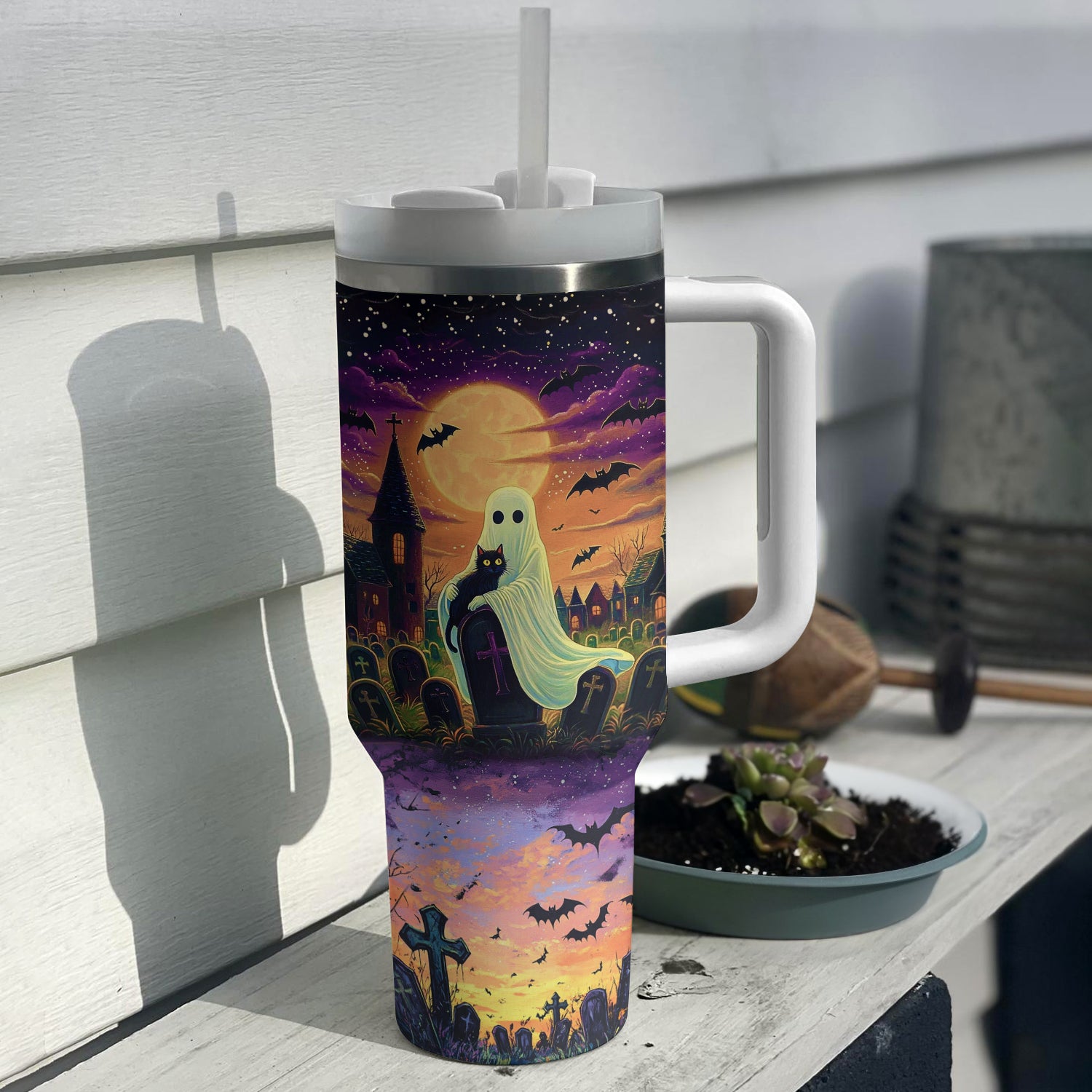 Halloween Cat In Ghost Hands Custom Stanley Cup 40 oz 30 oz Tumbler With Handle