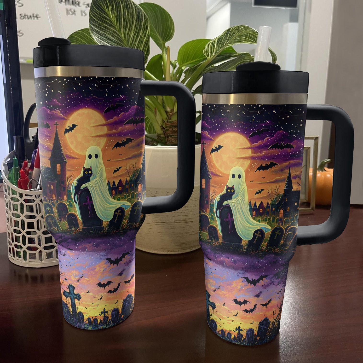 Halloween Cat In Ghost Hands Custom Stanley Cup 40 oz 30 oz Tumbler With Handle