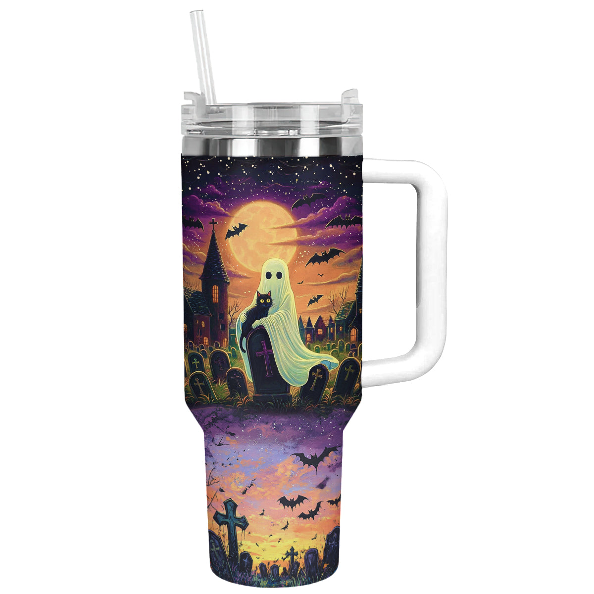 Halloween Cat In Ghost Hands Custom Stanley Cup 40 oz 30 oz Tumbler With Handle
