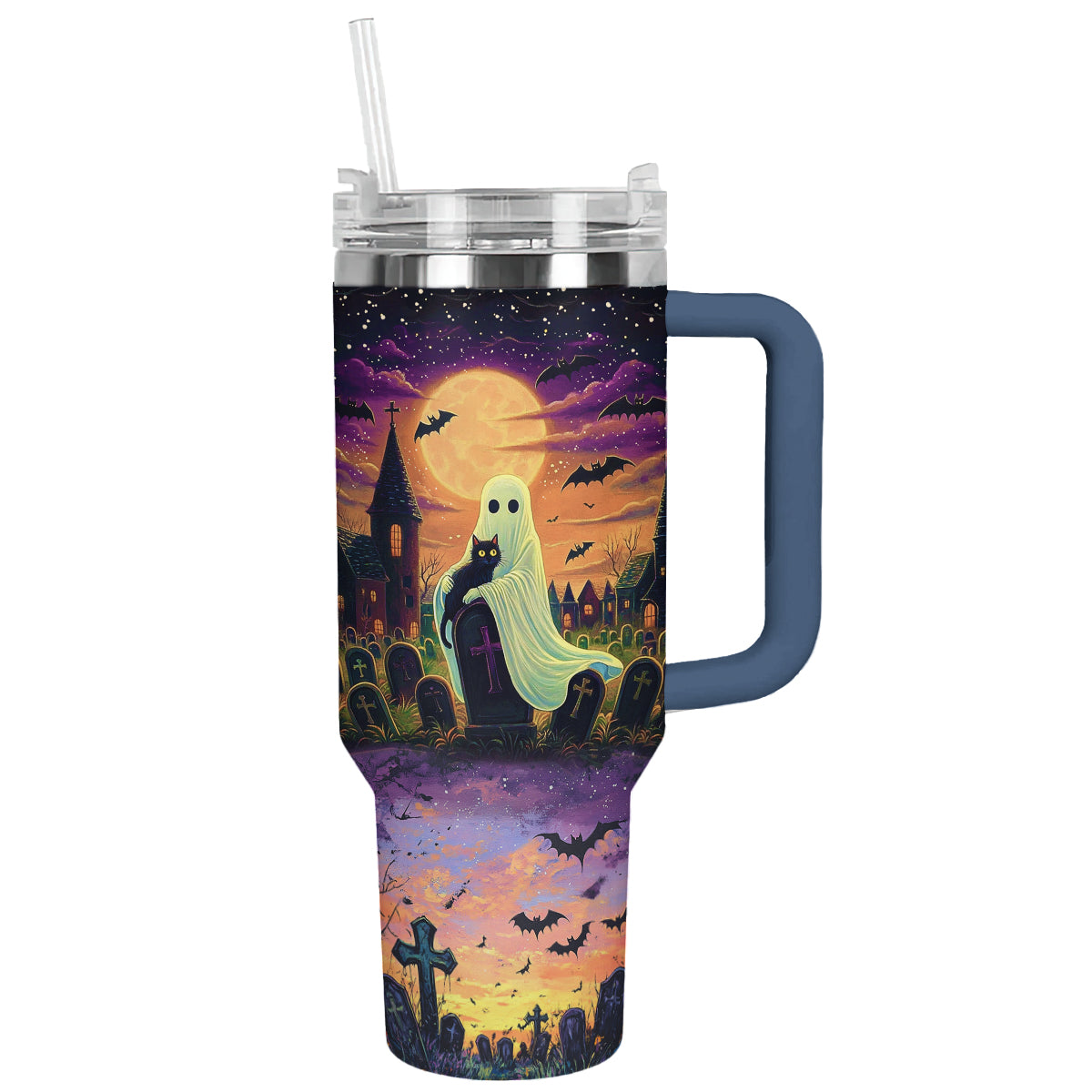 Halloween Cat In Ghost Hands Custom Stanley Cup 40 oz 30 oz Tumbler With Handle