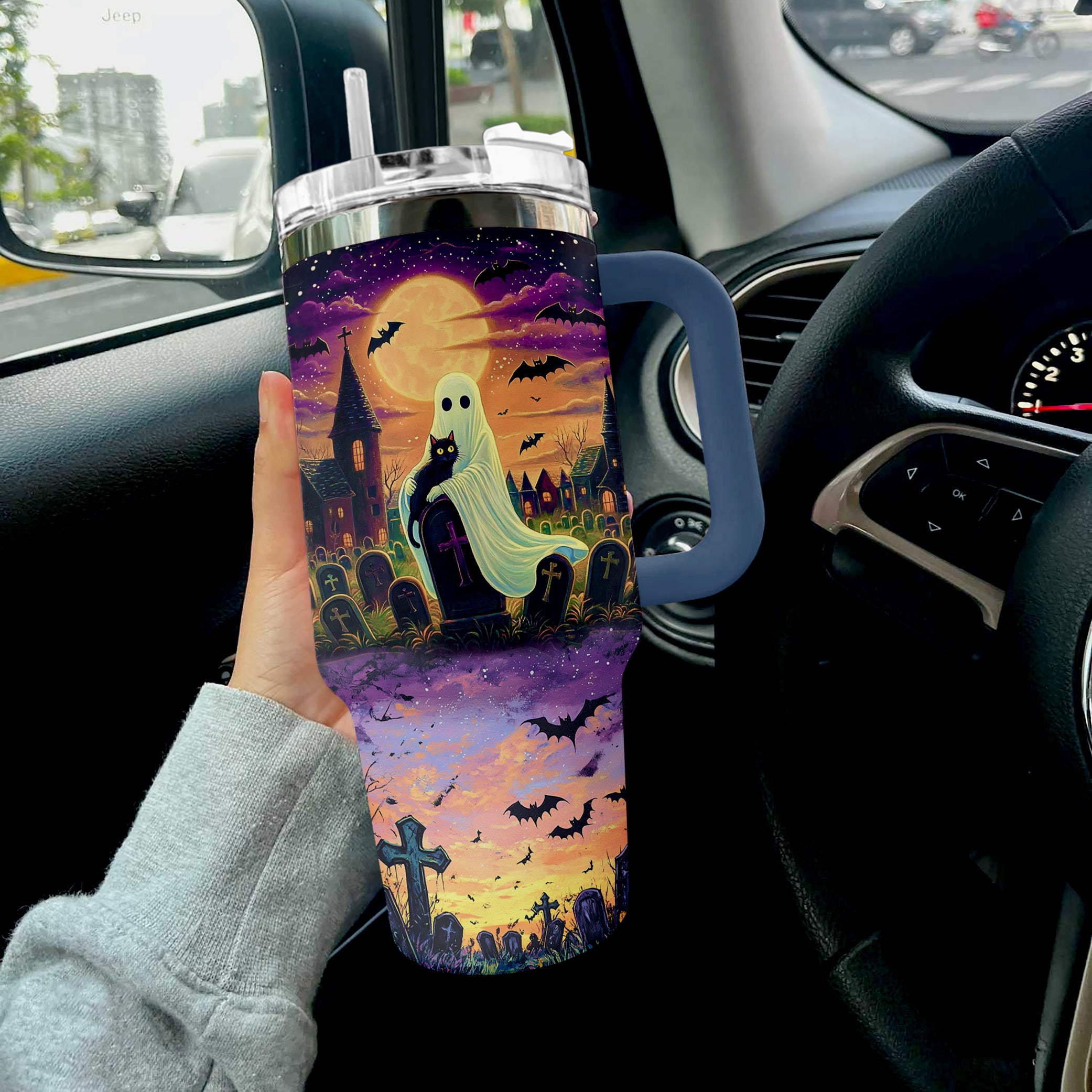 Halloween Cat In Ghost Hands Custom Stanley Cup 40 oz 30 oz Tumbler With Handle