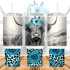 Highland Cow Teal Sunflower Custom Stanley Cup 40 oz 30 oz Tumbler With Handle