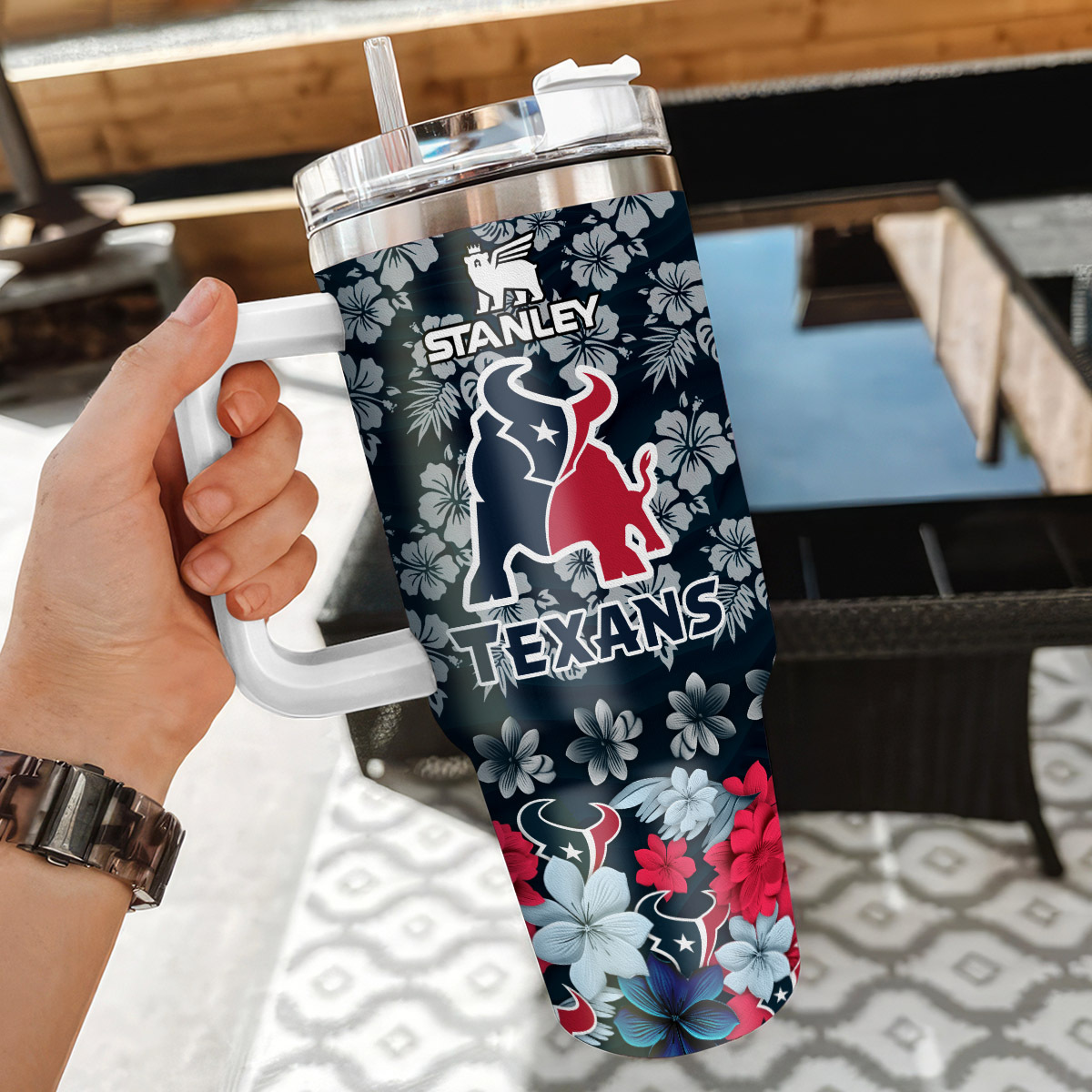 Houston Texans NFL Tropical Floral Custom Stanley Cup 40 oz 30 oz Tumbler With Handle