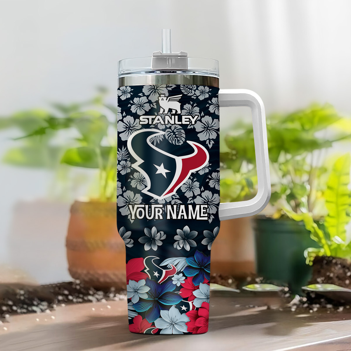 Houston Texans NFL Tropical Floral Custom Stanley Cup 40 oz 30 oz Tumbler With Handle