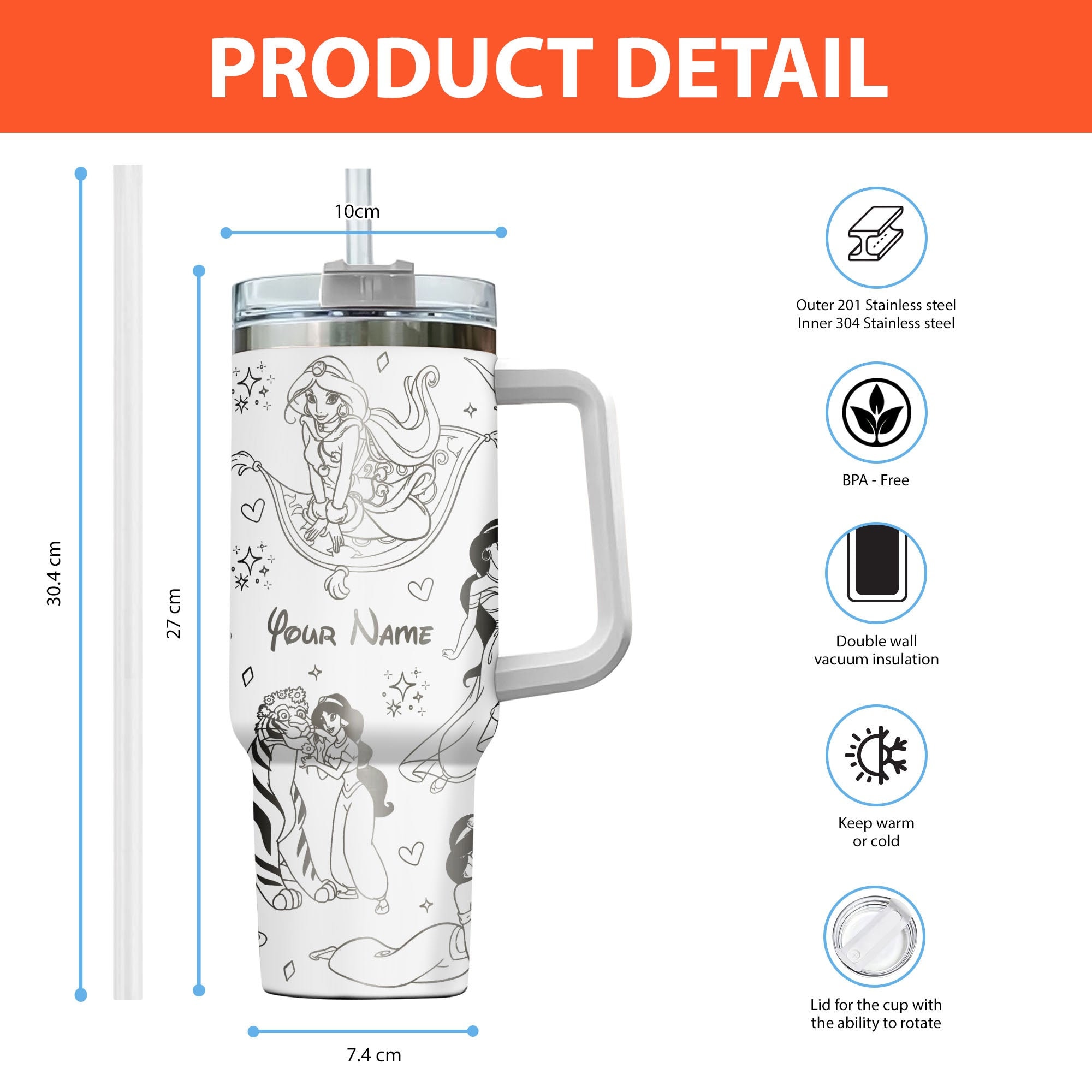 Jasmine Aladdin Disney Cartoon Custom Stanley Cup 40 oz 30 oz Tumbler With Handle