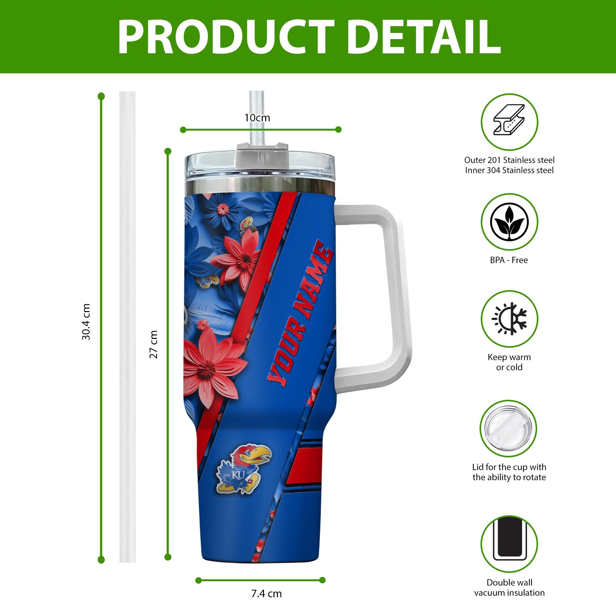 Kansas Jayhawks NCAA Custom Stanley Cup 40 oz 30 oz Tumbler With Handle