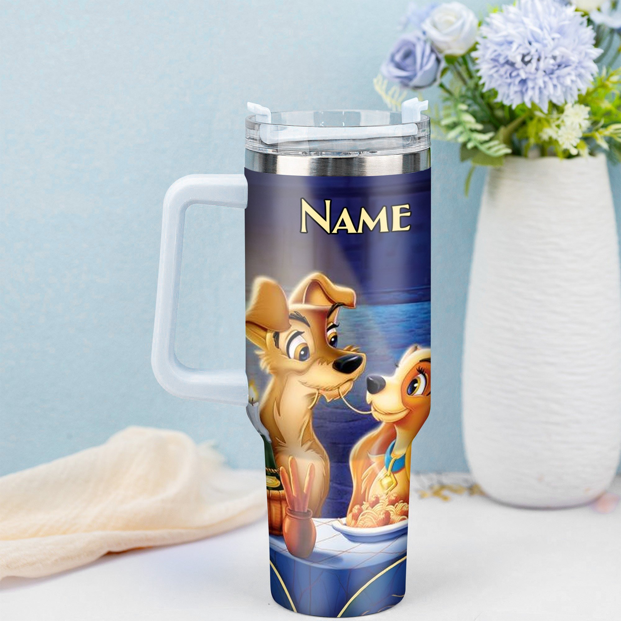 Lady and the Tramp Cartoon Custom Stanley Cup 40 oz 30 oz Tumbler With Handle