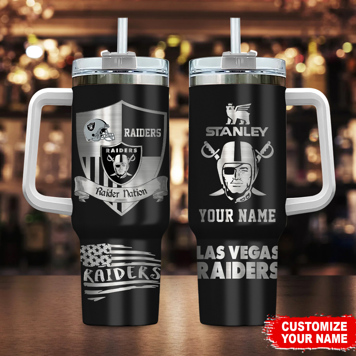 Las Vegas Raiders NFL Silver Logo Custom Stanley Cup 40 oz 30 oz Tumbler With Handle