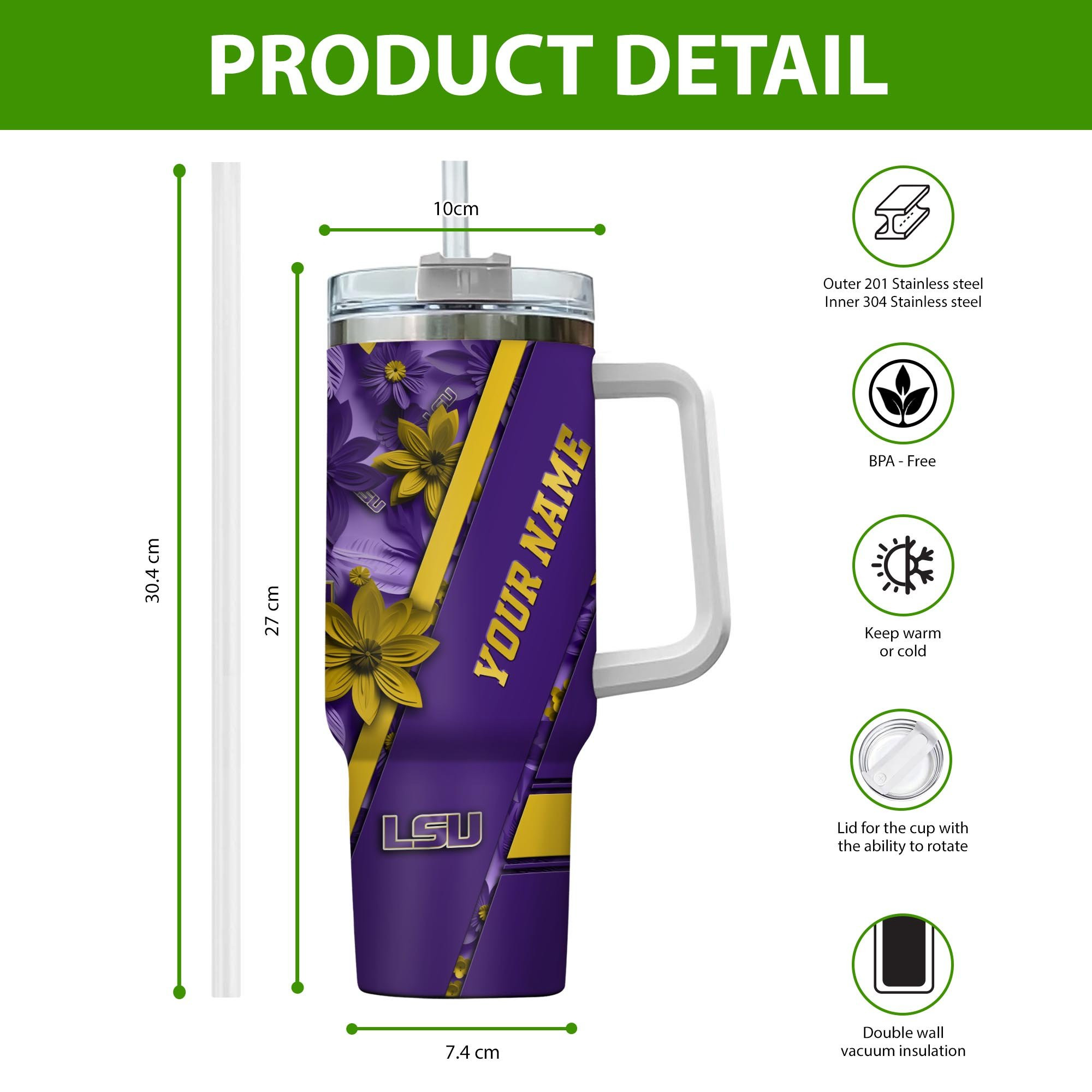 LSU TIGERS NCAA Custom Stanley Cup 40 oz 30 oz Tumbler With Handle