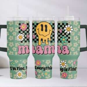 Mama Retro Checkered Smiley Face Custom Stanley Cup 40 oz 30 oz Tumbler With Handle