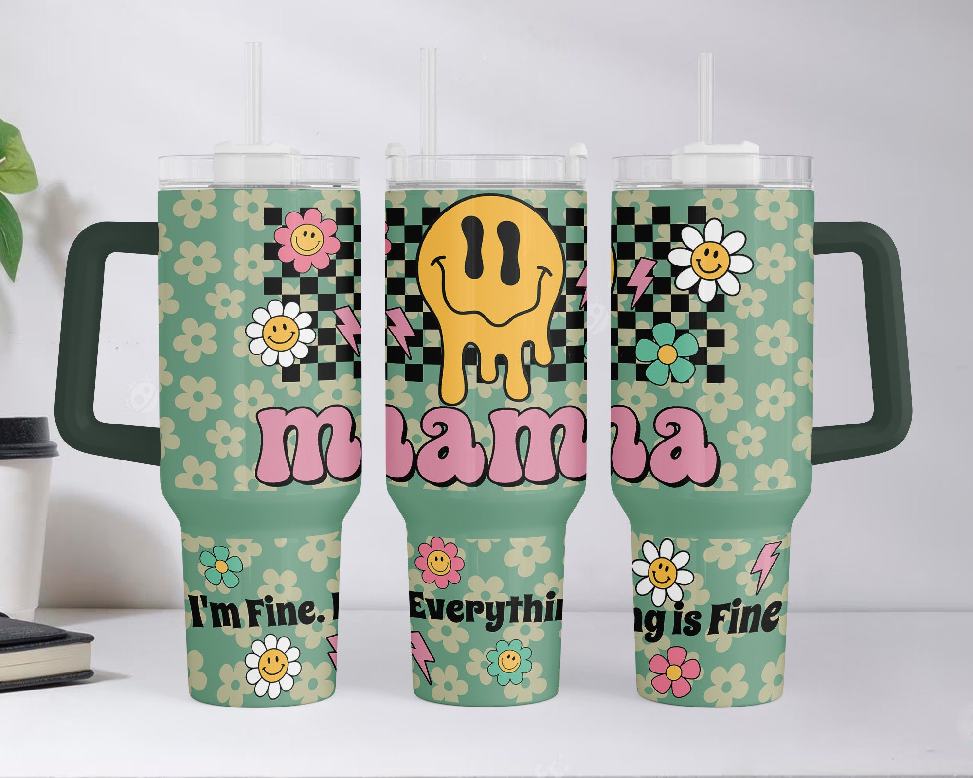 Mama Retro Checkered Smiley Face Custom Stanley Cup 40 oz 30 oz Tumbler With Handle