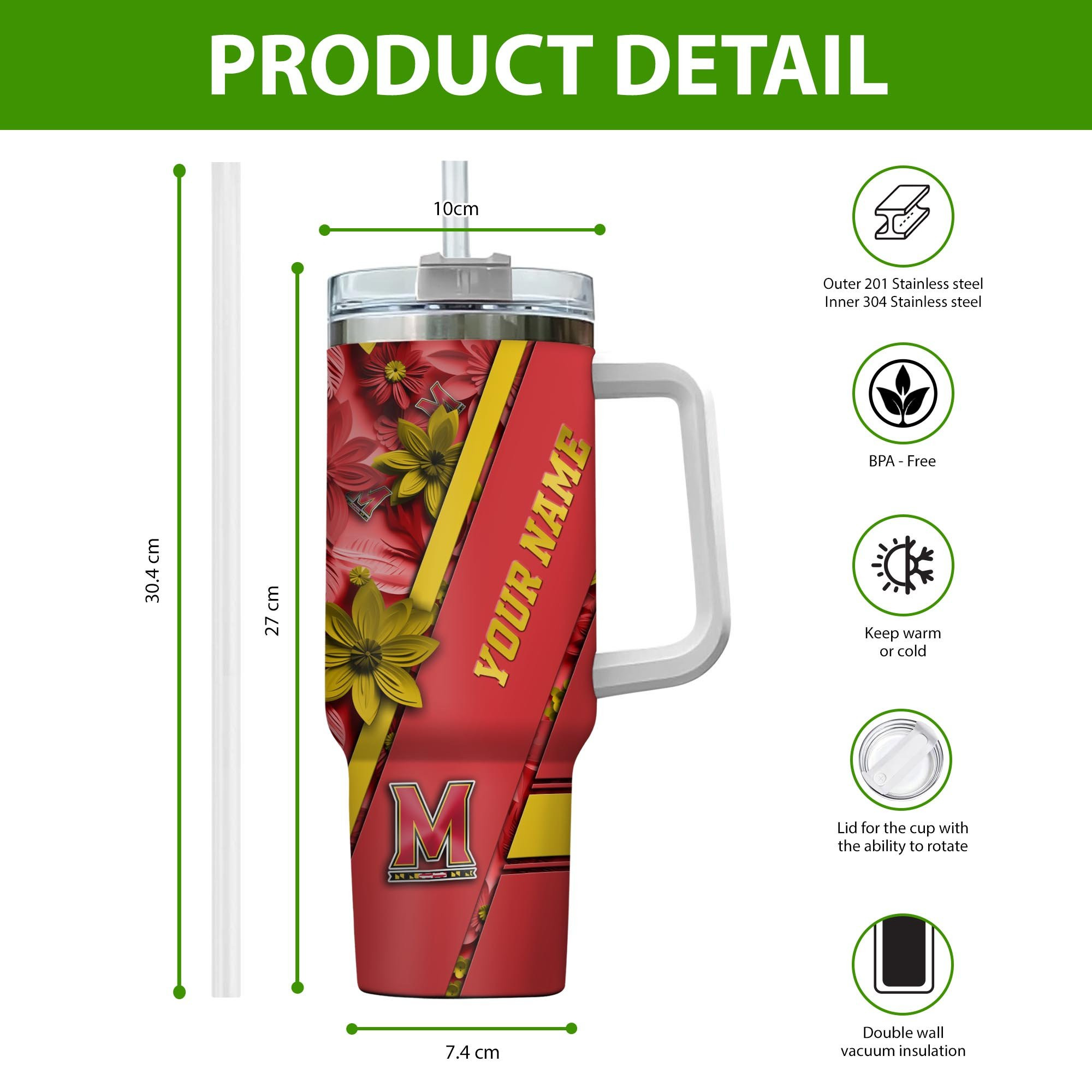 Maryland Terrapins NCAA Custom Stanley Cup 40 oz 30 oz Tumbler With Handle