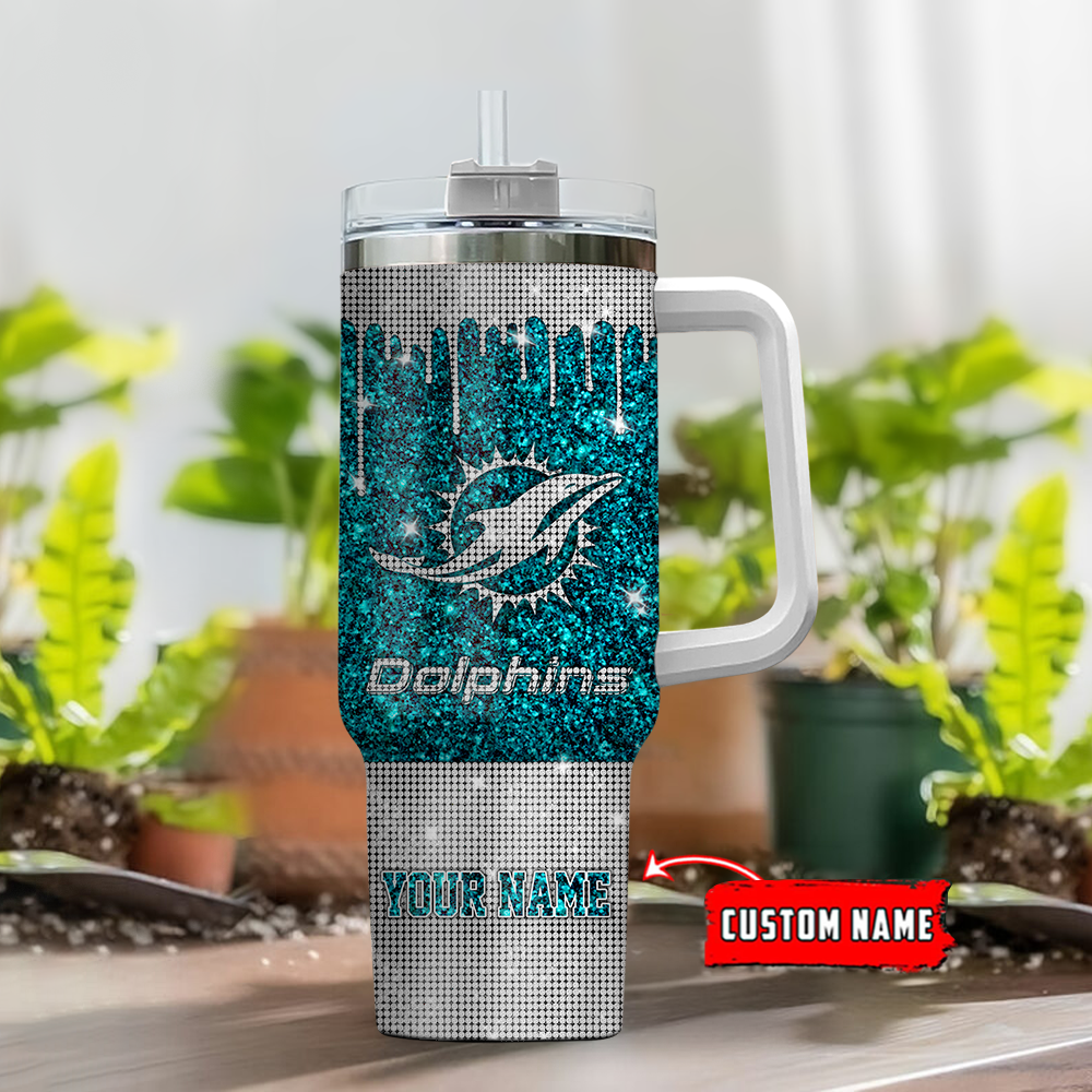 Miami Dolphins NFL Glitter and Diamonds Bling Custom Stanley Cup 40 oz 30 oz Tumbler With Handle