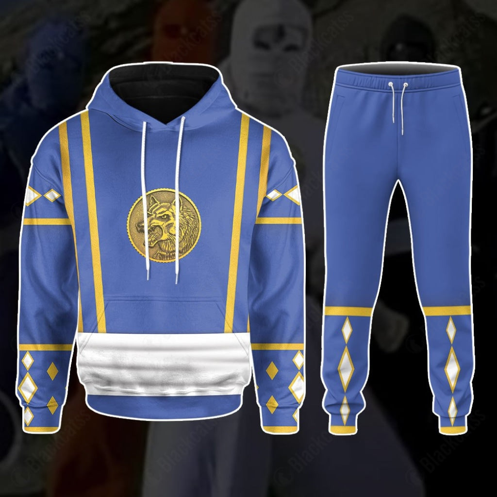 Mighty Morphin Power Ranger Ninja Rangers Blue Wolf Costume Hoodie Sweatshirt T-Shirt Sweatpants Tracksuit - Stormmerch Exclusive