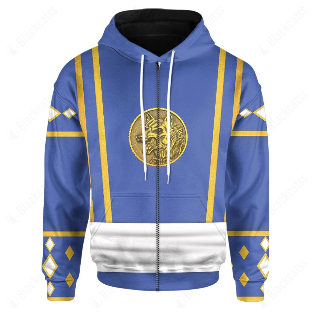 Mighty Morphin Power Ranger Ninja Rangers Blue Wolf Costume Hoodie Sweatshirt T-Shirt Sweatpants Tracksuit - Stormmerch Exclusive
